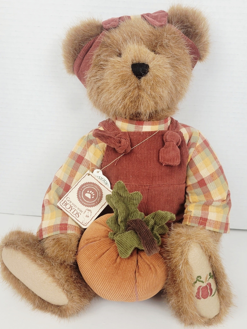 Boyds Bears Rust Corduroy Teddy with Plaid Shirt and Pumpkin